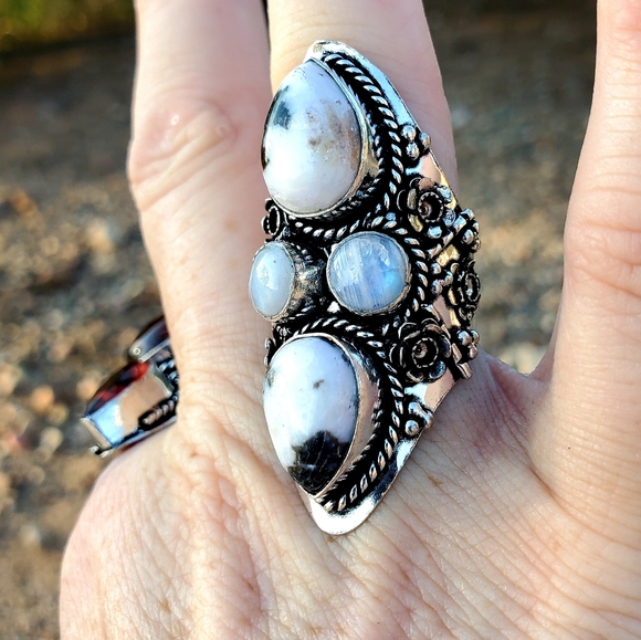 New Zebra Jasper and Rainbow Moonstone 925 Silver Statement Ring. - Picture 13 of 16